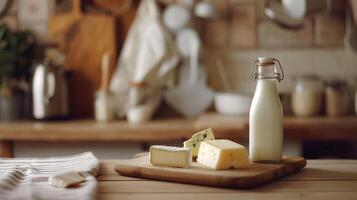 An assortment of dairy products including a milk bottle, cheese, and butter arranged neatly on a wooden board, with a soft-focus kitchen background photo