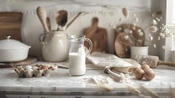 A serene kitchen scene with a milk jug and glass on a marble countertop, surrounded by baking ingredients like flour, eggs, and a rolling pin, ready for baking photo