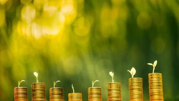 Business Finance and Money concept,Save money for prepare in the future.tree growing on coin of stacking gold coins with green bokeh background photo