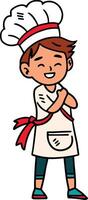 A young boy wearing a chef's hat and apron is smiling and hugging himself vector