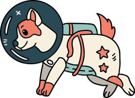 A cartoon dog is wearing a space suit and is floating in space vector