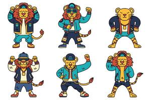 A group of cartoon lion are dressed in clothing and are posing for a picture vector