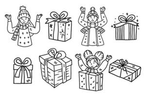 A set of drawings of people and boxes with bows on them vector
