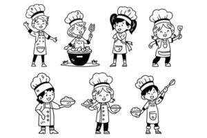 A group of children dressed as chefs are shown in various poses vector
