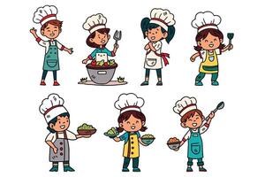 A group of children dressed as chefs are shown in various poses vector