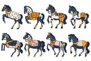 A series of horses are shown in various poses, with some standing vector