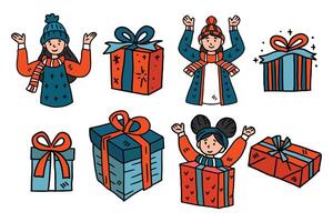 A set of drawings of people and boxes with bows on them vector