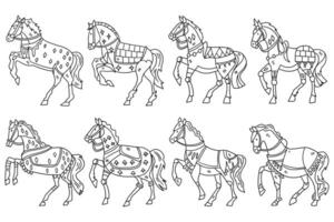 A series of horses are shown in various poses, with some standing vector