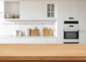 Empty wooden table top with kitchen natural light and shadow photo
