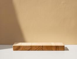 Wood product display stand on the table and beige wall photo