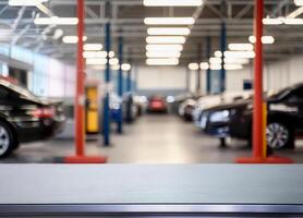 Metalic table for product display in front of blurred factory garage repair shop background photo