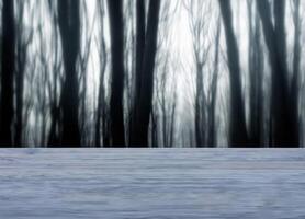 Black wood table with blurred horror forest photo