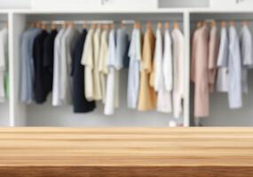 Wood table for display products with blurred clothes hanging photo