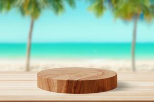Wooden podium for product display on the table with blurred beach photo