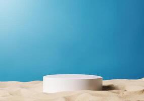 White round podium for product display on sandy beach photo