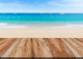 Wood floor deck on blurred beach photo