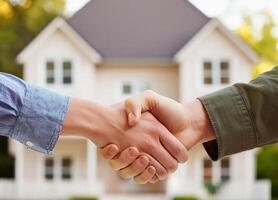 Close up of handshake with house for sale in background photo