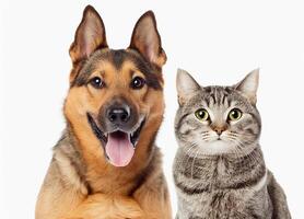 Happy dog and cat that looking at the camera together isolated on white background photo