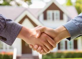 Close up of handshake with house for sale in background photo