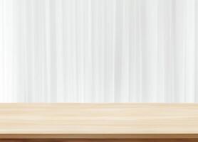 Wood table for display products with white curtain photo
