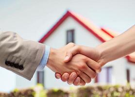 Close up of handshake with house for sale in background photo