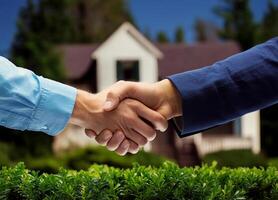 Close up of handshake with house for sale in background photo