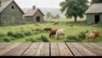 Wooden table top podium on blurred cow organic farm background . Product display, showcase, presentation. High quality photo. photo
