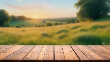 Wooden table top podium on blurred sunset, trees and green field landscape with colorful wild flowers. Product display, showcase, presentation. High quality photo. photo