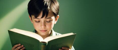 Isolated Portrait of 10-year-old Caucasian boy with dark hair attentively reads a book on a green copy space background. design for banners, website, promotional materials. High quality photo. photo
