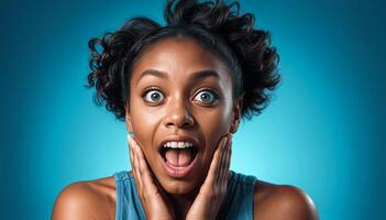Isolated studio close-up expressive Portrait of a woman with an afro hairstyle showing a surprised and amazed expression against a blue background for design banner promotional material photo
