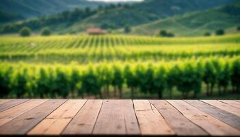 Wooden table top on blurred trees and green vineyards and picturesque hills background . Product display, showcase, presentation. High quality photo. photo