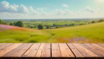 Wooden table top podium on blurred trees and green grass field with colorful wild flowers and blue sky. Product display, showcase, presentation. High quality photo. photo