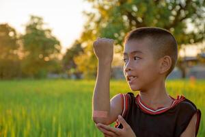 Asian boy smiling and showing a wound on his arm that was covered with a bandage or gauze on rice fields in the evening sun blurred background. photo