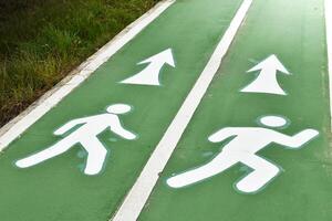 White lane lines divide walking or running lanes on green road surfaces exercise for towards the light at outdoor park in grass and sunlight background concept of exercise options. photo