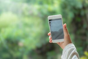 Hand holding a smartphone taking photos of forest and nature on mobile screen in camera mode in blurred natural background.