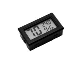 Black digital thermometer and humidity meter with 70 and 24 degrees celsius on LCD screen agiainst isolated white background. photo