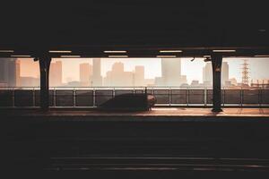 View of the skytrain station decorated with modern architecture as public transportation in Bangkok city downtown cityscape urban skyline tower Thailand in dark tone background. photo