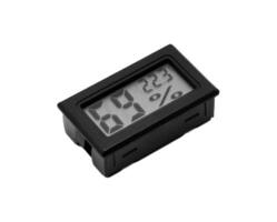 Digital thermometer and hygrometer showed humidity at 69 percent and temperature at 23 degrees Celsius on isolated white background. photo