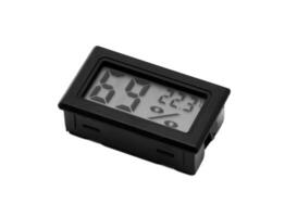 Close-up of small black thermometer and humidity meter that displays a numeric LCD display on a white isolated background. photo