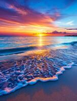 Ocean Sunset Beach With Orange Sky And Foamy Waves. photo