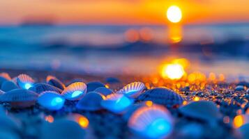 Seashells at Sunset with Glowing Light Reflections. photo