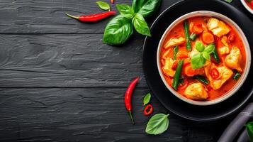 Delicious Thai Red Curry with Chicken, Vegetables, and Spices on a Black Wooden Background. photo