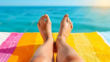 Relaxing on a Beach Towel with the Ocean in the Background. photo