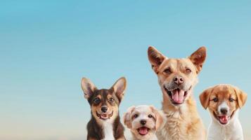 Four Adorable Puppies Looking Up With Big Smiles Against Blue Sky Background. photo