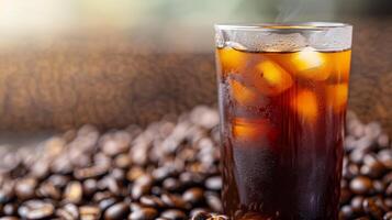 Iced Coffee In A Glass With Ice Cubes And Coffee Beans. photo