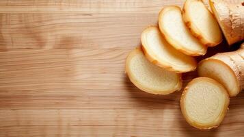 Sliced Fresh Ginger Root On Wooden Background. Copy Space For Text. photo