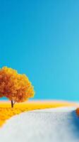 Single Golden Tree With White Road Against Blue Sky Minimalist Landscape. photo