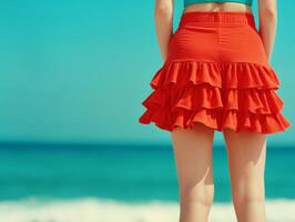 Woman In Red Ruffled Skirt Standing On Beach Looking At Ocean. photo