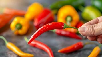 Red Chili Pepper Held By Hand Close Up With Blurred Yellow and Orange Peppers In Background. photo