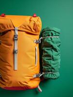 Orange Backpack and Green Sleeping Bag on Green Background. photo